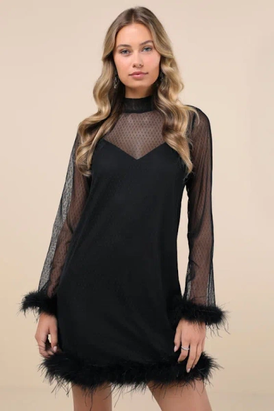 Lulus Immaculate Charisma Black Mesh Feather Long Sleeve Mini Dress