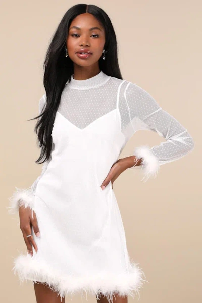 Lulus Immaculate Charisma White Mesh Feather Long Sleeve Mini Dress