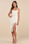 LULUS IMMACULATE CHICNESS IVORY FLORAL BROCADE MIDI DRESS