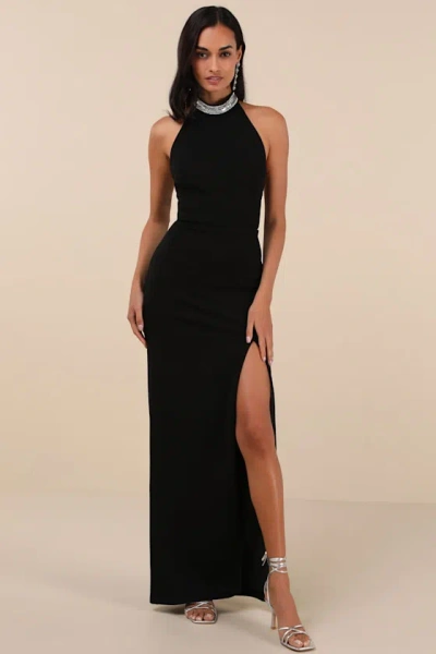 Lulus Immaculate Class Black Rhinestone Halter Maxi Dress