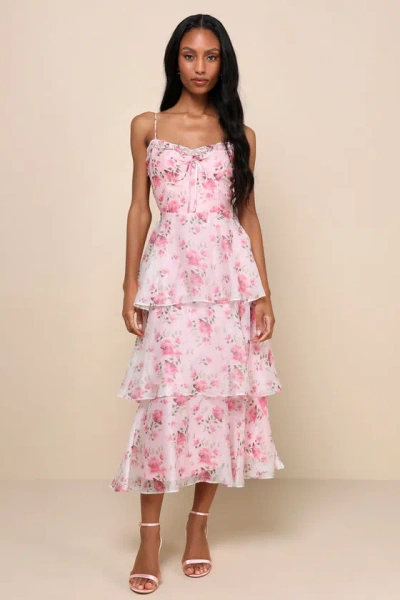 Lulus Immaculate Cutie Light Pink Floral Sleeveless Tiered Midi Dress