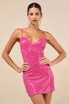 Lulus Immaculate Energy Shiny Pink Dotted Mesh Bodycon Mini Dress In Pink