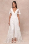 Lulus Immaculate Love White Mesh Embroidered Cape Jumpsuit In White