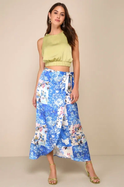 Lulus Immaculate Style Blue Multi Scarf Print Satin Wrap Midi Skirt