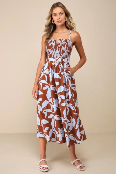 Lulus Immense Cuteness Brown And Blue Floral Midi Dress With Pockets