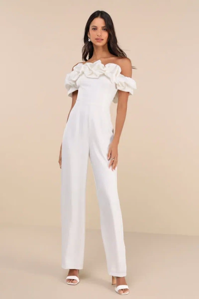 Lulus Immense Glamour White Satin Ruffled Off-the-shoulder Jumpsuit