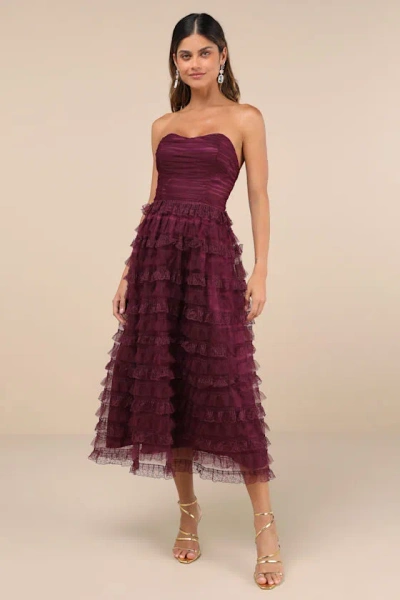Lulus Immensely Exquisite Purple Tulle Strapless Tiered Midi Dress