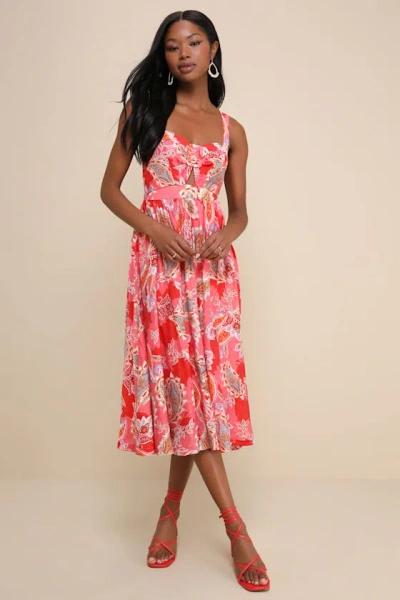 Lulus Impeccable Aura Pink Paisley Print Cutout Buckle Midi Dress