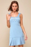 Lulus Impeccable Cutie Blue Sleeveless Bow Drop Waist Mini Dress In Blue