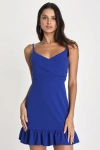 Lulus Impeccable Essence Royal Blue Surplice Tiered Mini Dress In Royal Blue