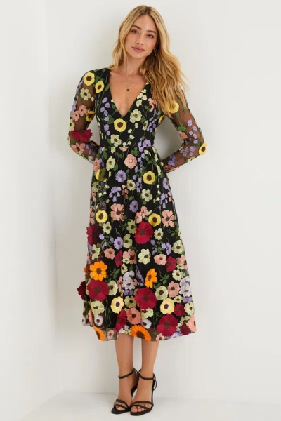 Lulus Impressive Blossom Black 3d Floral Embroidered Midi Dress