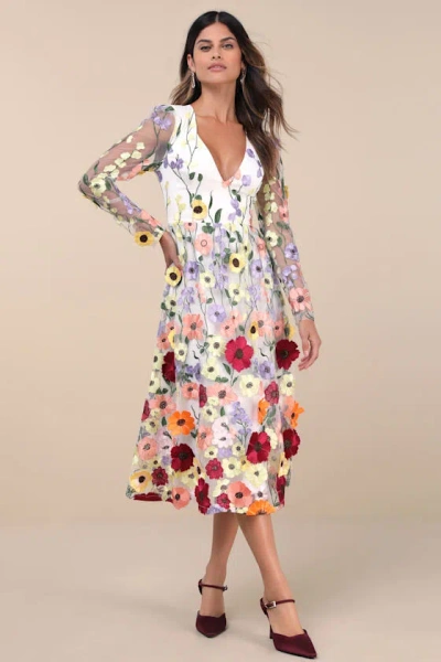 Lulus Impressive Blossom White 3d Floral Embroidered Midi Dress