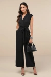 Lulus Impressive Direction Black Collared Sleeveless Wide-leg Jumpsuit In Black