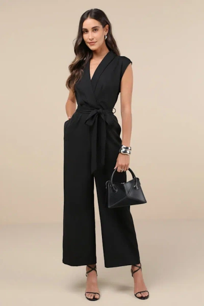 Lulus Impressive Direction Black Collared Sleeveless Wide-leg Jumpsuit