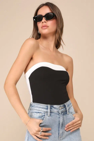 Lulus Impressive Edge Black And Ivory Color Block Strapless Bodysuit