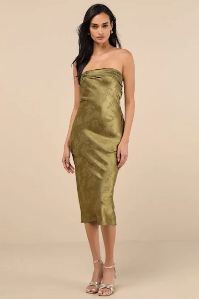 Lulus Impressive Favorite Olive Jacquard Strapless Midi Dress In Green