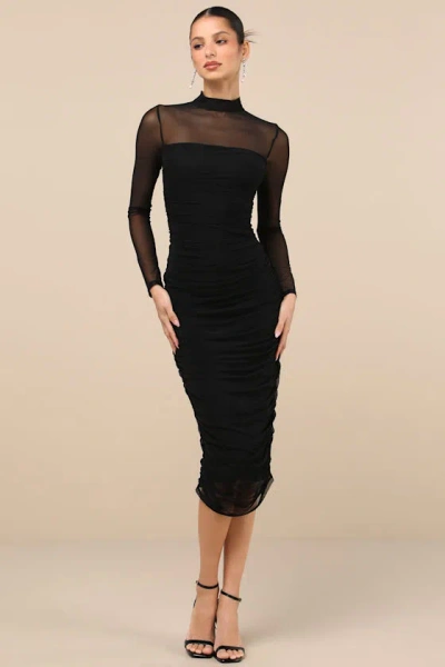 Lulus Impressive Flirt Black Mesh Ruched Mock Neck Midi Dress