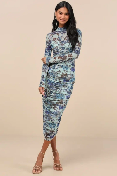 Lulus Impressive Flirt Blue Floral Mesh Ruched Mock Neck Midi Dress