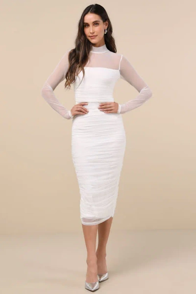 Lulus Impressive Flirt White Mesh Ruched Mock Neck Midi Dress