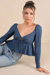 Lulus Impressively Charming Dark Blue Tie-front Long Sleeve Top In Dark Blue