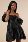 Lulus Impressively Delightful Black Tiered Off-the-shoulder Mini Dress In Black