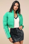Lulus Impressively Posh Green Nylon Quilted Cropped Puffer Jacket In Green