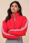 Lulus Impressively Posh Red Nylon Quilted Cropped Puffer Jacket In Red