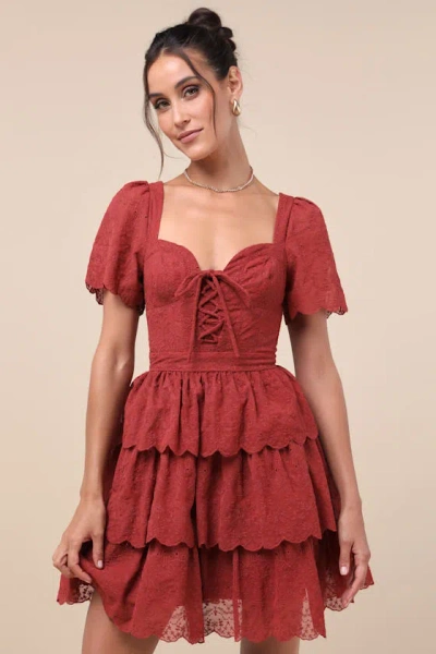 Lulus Inclined To Charm Rust Red Embroidered Tiered Lace-up Mini Dress