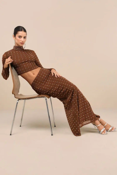 Lulus Incomparable Shine Brown Mesh Rhinestone Two-piece Maxi Dress