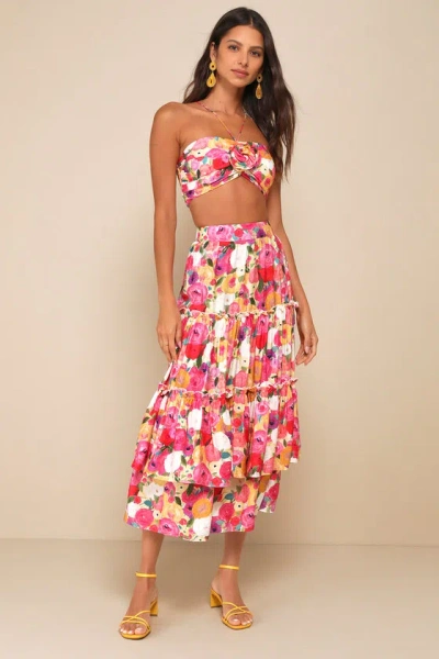 Lulus Incredible Aura Pink Multi Floral Tiered High-rise Midi Skirt