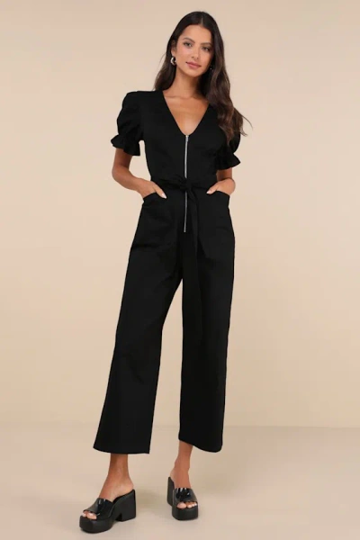 Lulus Incredible Cutie Black Twill Puff Sleeve Zip-front Jumpsuit