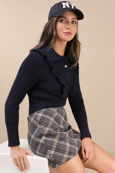 Lulus Incredibly Cozy Navy Ruffled Collared Pullover Sweater