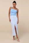 Lulus Incredibly Cute Blue Gingham Textured Button-front Midi Skirt In Blue