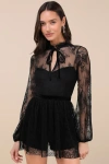 Lulus Incredibly Darling Black Lace Tie-neck Romper In Black