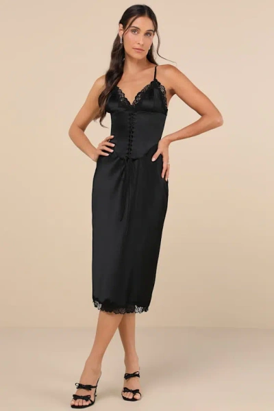 Lulus Incredibly Enchanting Black Two-piece Slip Dress And Corset Set