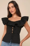 Lulus Incredibly Gorgeous Black Ruffled Lace-up Flutter Sleeve Top In Black