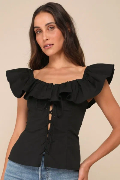 Lulus Incredibly Gorgeous Black Ruffled Lace-up Flutter Sleeve Top