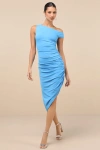 Lulus Incredibly Posh Blue Ruched Asymmetrical Midi Dress In Blue
