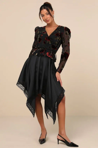 Lulus Indescribable Allure Black Satin Handkerchief Midi Skirt