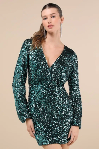 Lulus Indescribable Shine Teal Green Sequin Long Sleeve Mini Dress