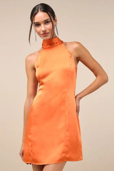 Lulus Infinite Admiration Orange Satin Halter Mini Dress