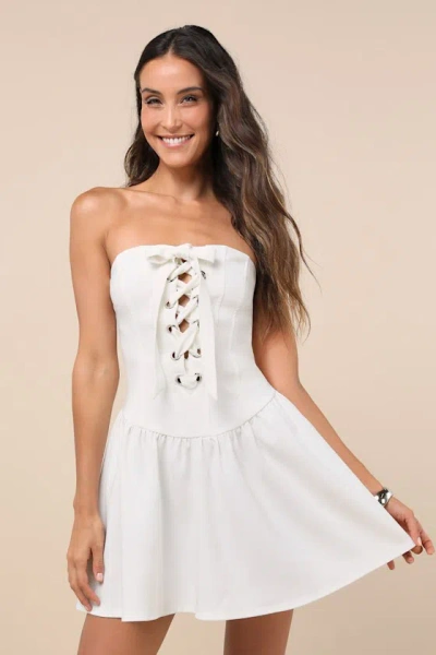 Lulus Infinite Allure White Strapless Lace-up Drop Waist Mini Dress