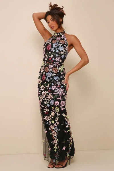 Lulus Infinite Praise Black 3d Floral Embroidered Halter Maxi Dress