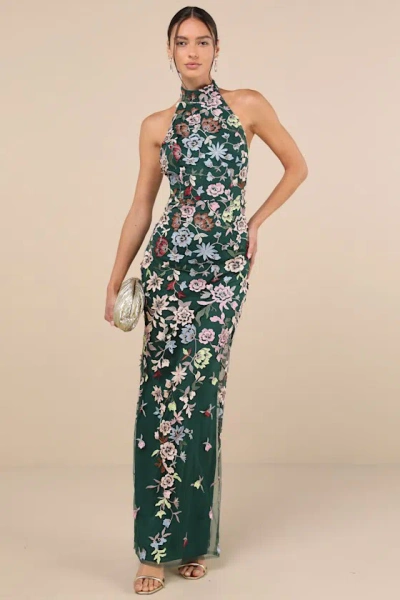 Lulus Infinite Praise Emerald 3d Floral Embroidered Halter Maxi Dress In Green