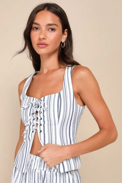 Lulus Infinite Sunshine Ivory And Blue Striped Lace-up Sleeveless Top