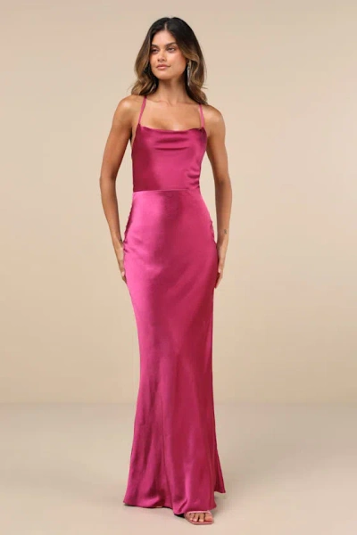 Lulus Inspire Romance Magenta Satin Cowl Neck Lace-up Maxi Dress | ModeSens