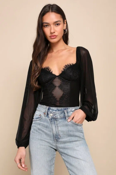 Lulus Instant Attraction Black Mesh Lace Long Sleeve Bustier Top