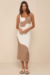 Lulus Instantly Adored Taupe And Cream Color Block Textured Midi Dress In White