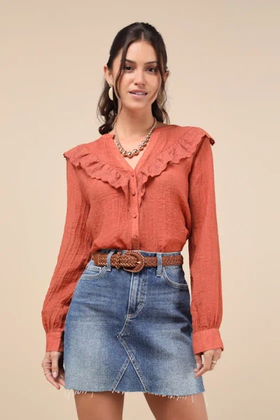 Lulus Instantly Sweet Terracotta Eyelet Long Sleeve Button-up Top In Red