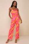 Lulus Instinctive Glam Pink And Orange Floral Straight Leg Pants In Orange